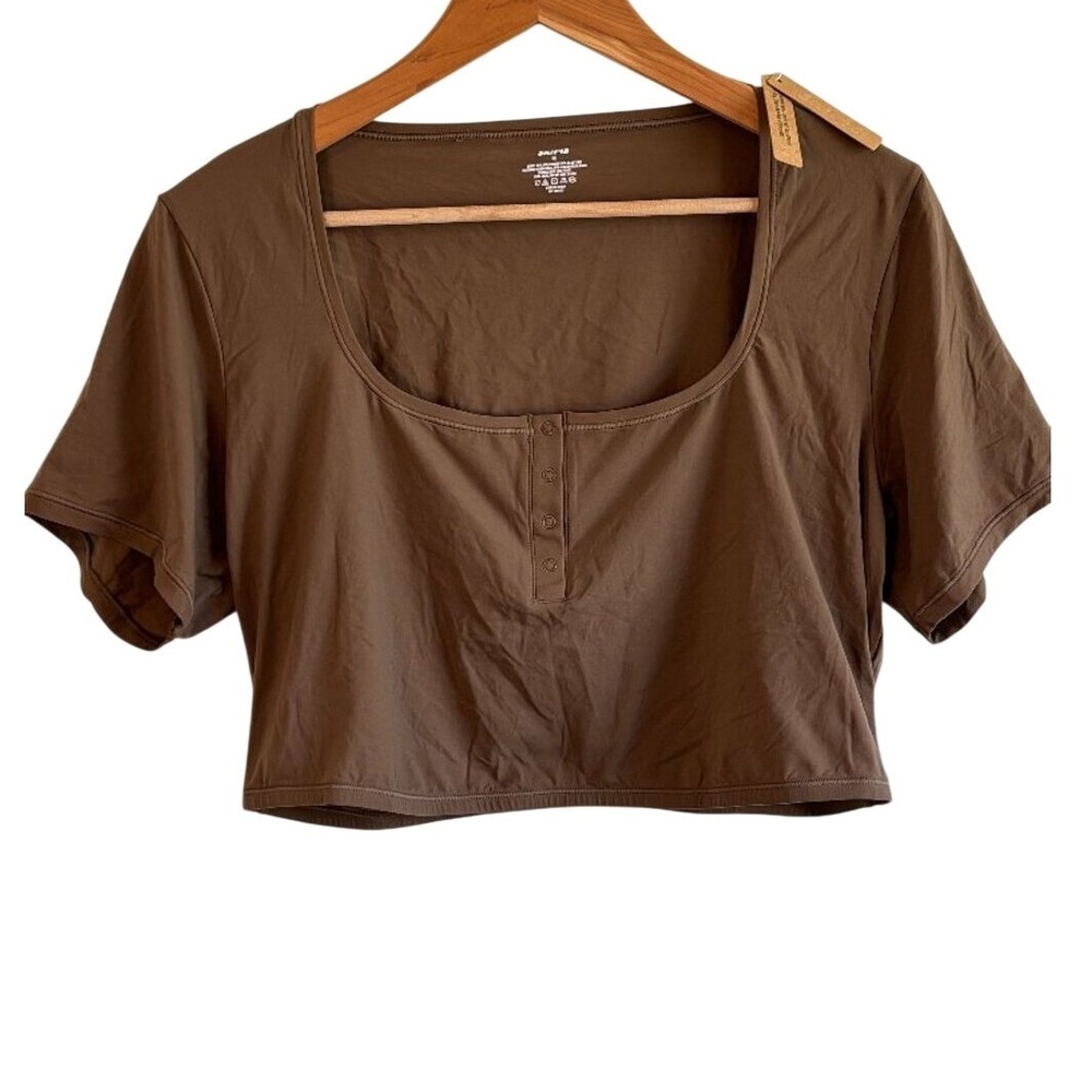 NEW SKIMS Fits Everybody Henley Crop Top 4X Oxide Brown Neutral Stretch Consign